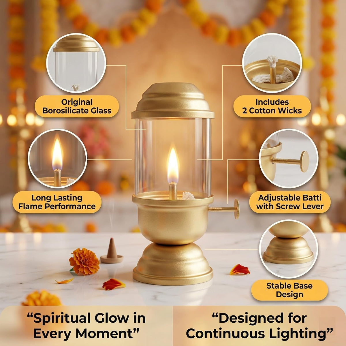 Akhand Diya with Adjustable Bati Knob, Wick Lifting Screw Lever