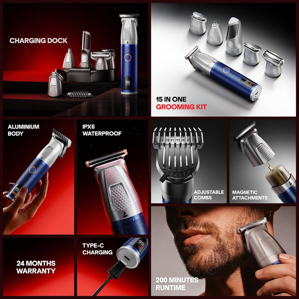 boAt Slazer K100 Pro 15-in-1 Full Body Grooming Kit for Men, Fast-Charging Trimmer, IPX6, 200-Min Runtime, 6 Magnetic Blades, Stainless Steel+Ceramic Blades, Tr