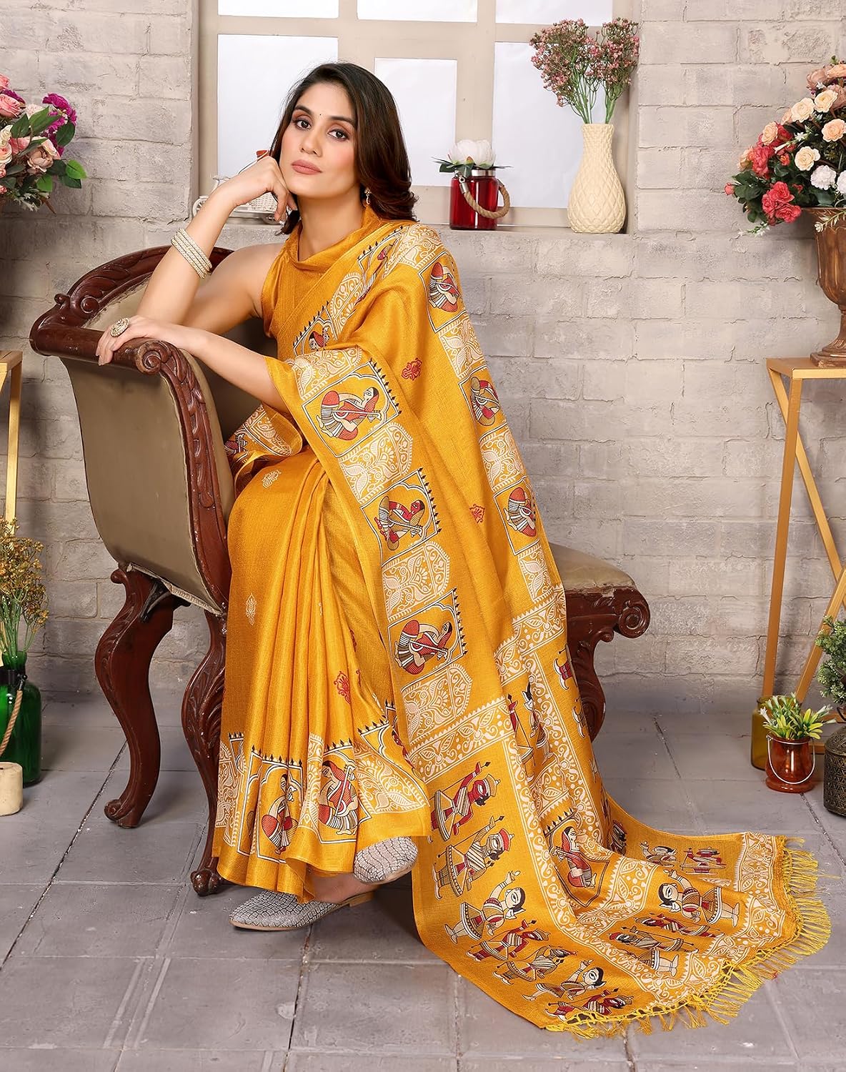 Yashika Womens Silk Pom Pom Woven Saree with Unstitched Blouse One Size Yellow