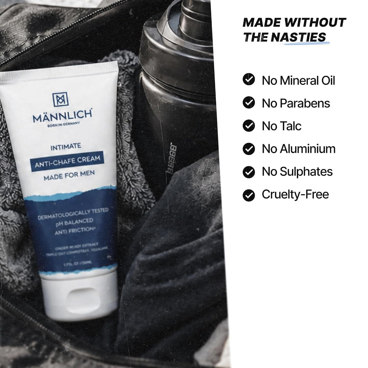 Mannlich Intimate Anti-Chafing Cream for Men - Ball Deodorant, Anti-Itch, Anti-mess Groin Cream, Quick Drying Liquid Powder, Baby Powder Replacement, Non Greasy