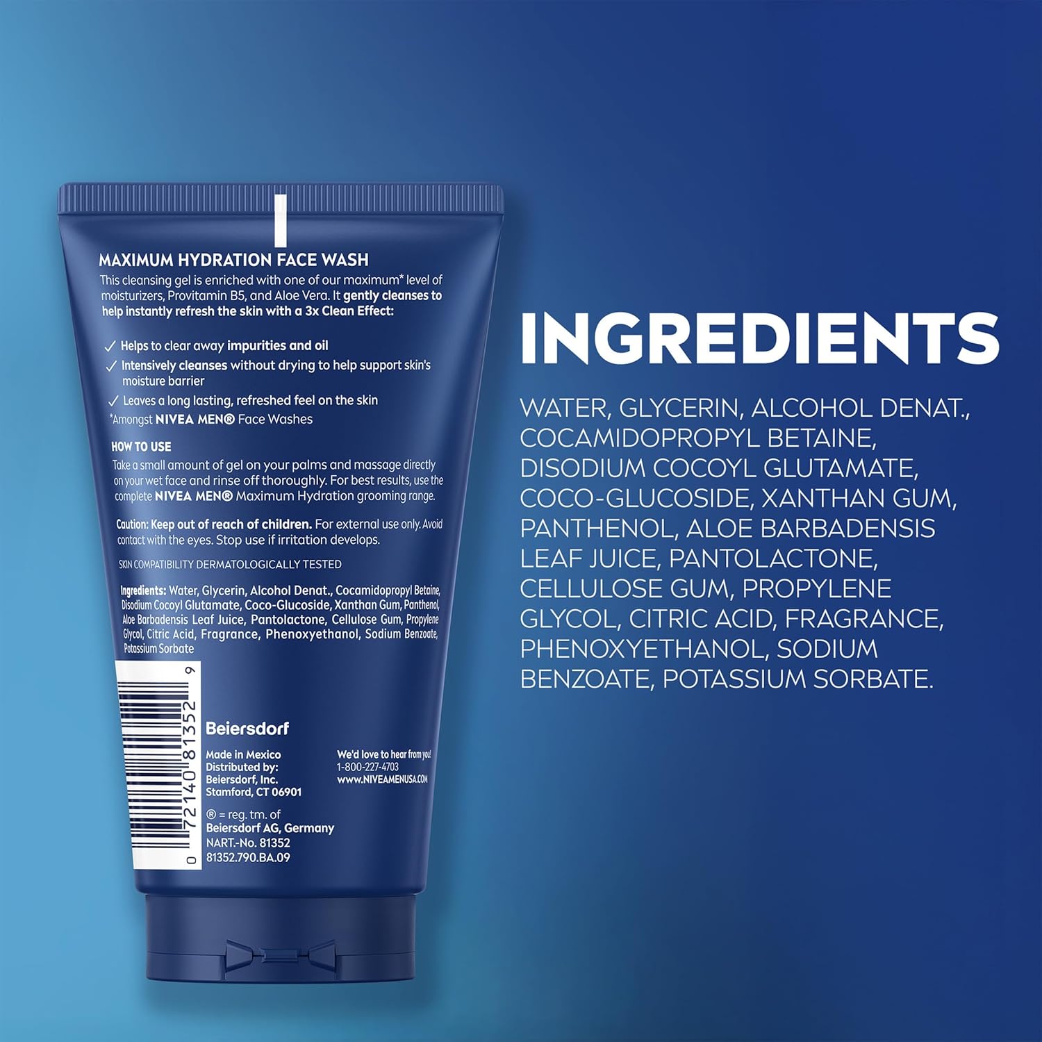 NIVEA MEN Maximum Hydration Face Wash, Face Wash with Provitamin B5 and Aloe Vera, Refreshes and Cleanses without Drying, 5 Fl Oz Tube