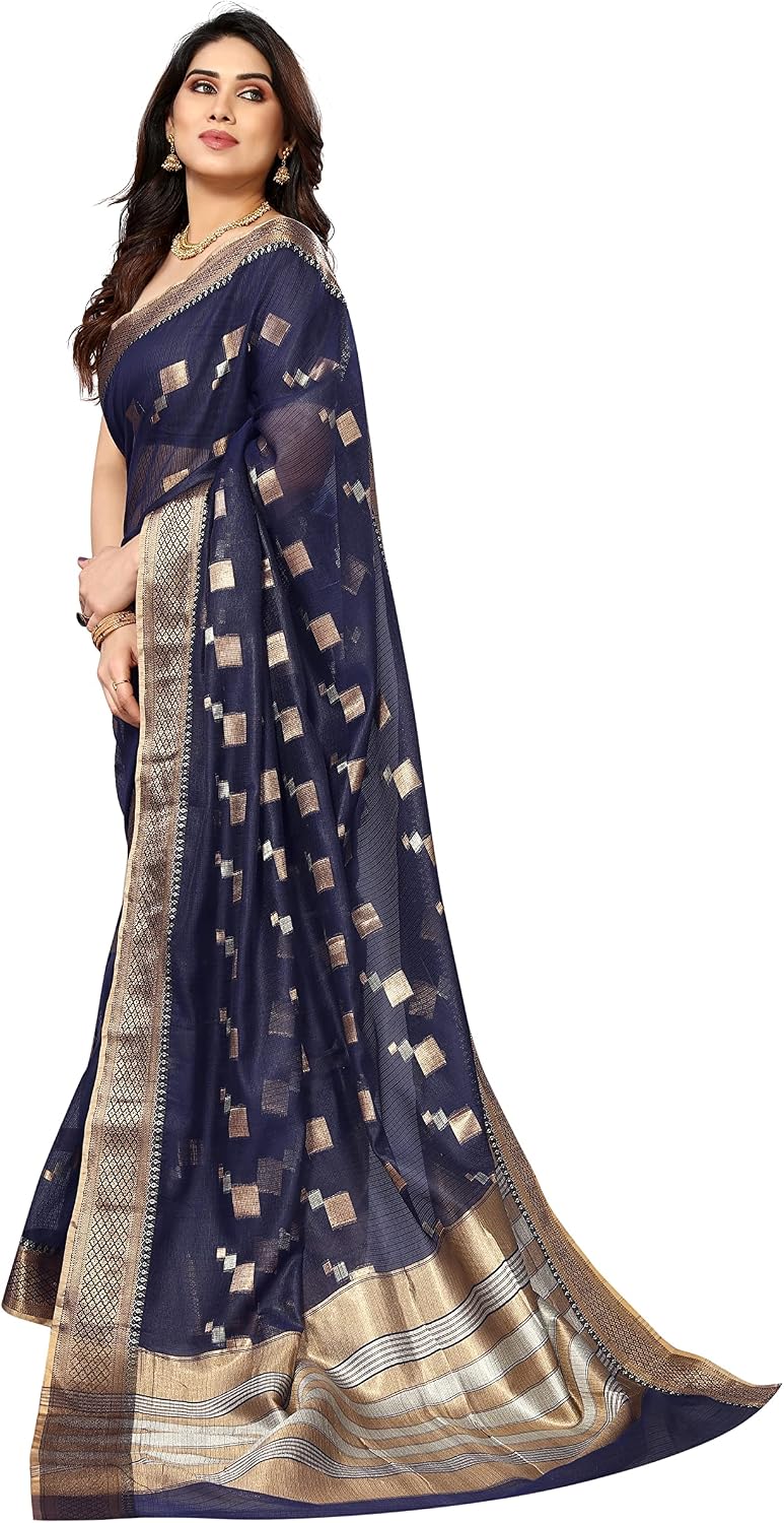 Sidhidata Women's Kota Doria Cotton Manipuri Jacquard Boarder Saree With Unstitched Blouse Piece (Box Butta) Navy Blue
