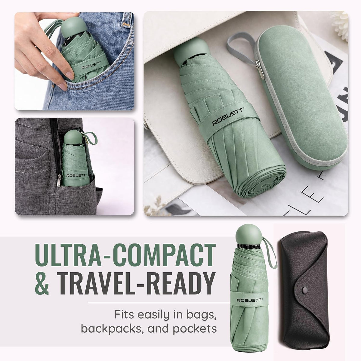 Robustt Capsule Mini Foldable Travel Umbrella | Light Green | UPF 50+ UV & Rain Protection | 3 Fold Compact | for Women, Men & Kids | Windproof, Waterproof, Poc