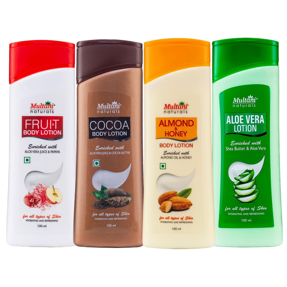 Multani Natural Body Lotion 100ml - Pack of 4 Cocoa Butter, Mix Fruit, Aloevera, Almonds Honey - Nourishing Lotion for All Skin Types, Fast Absorbing, Non-Stick