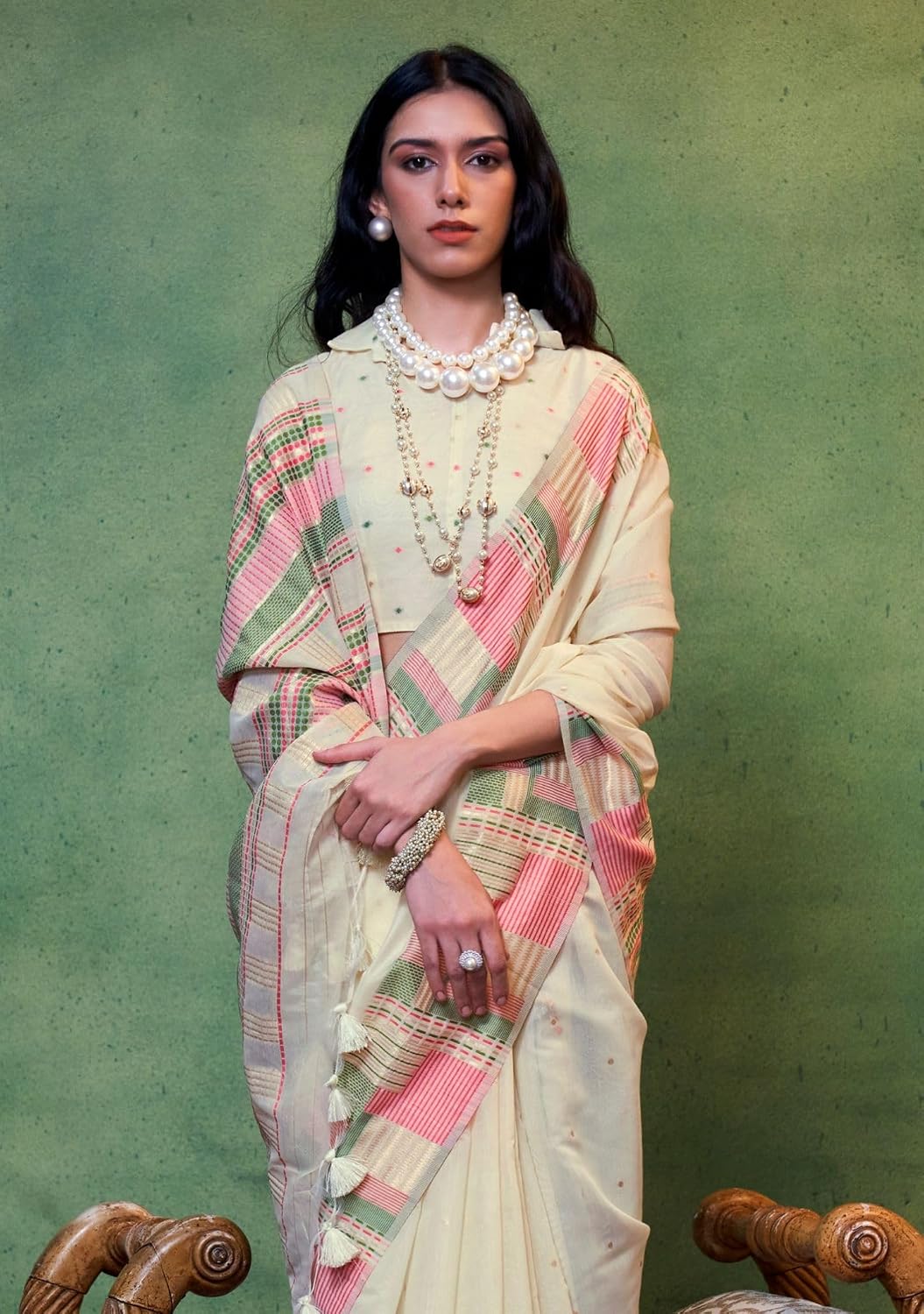SGF11 Women's Kanjivaram Soft Cotton Linen Silk Sarees With Unstitched Blouse Piece 6.3metres (Cream)