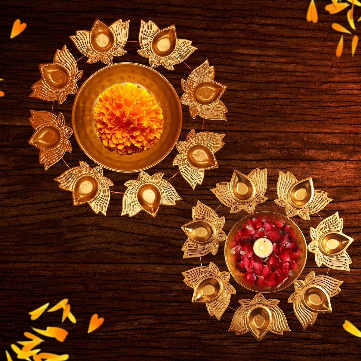 Kalakriti 2 Pcs Metal Flower Decorative Bowl Set |Home Table Decoration |Urli Diya Navratri Pooja HouseWarming Haldi | Indian Diwali Decor Gifts Items, 12 Inch