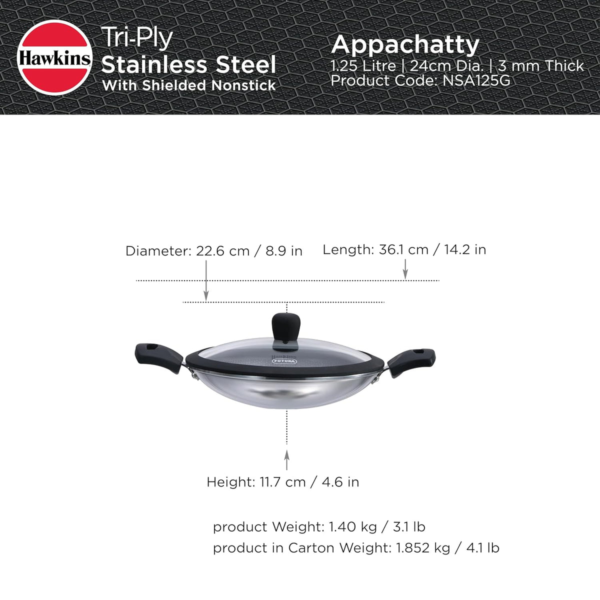 Hawkins 1.25L Breakfast Pan, Nonstick Triply Stainless Steel Appachatty with Glass Lid, Chetty Pan, Appam Patra, Honeycomb Round Bottom Small Kadai, Siler (NSA1