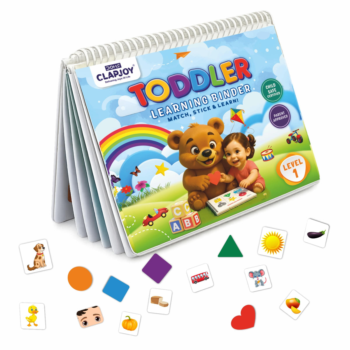 Clapjoy Busy Binder Book Level 1 | 16-in-1 Toddler Activity Binder with Numbers, Alphabets, Animals, Colours & Fruits | Educational Velcro Quiet Book for Kids A