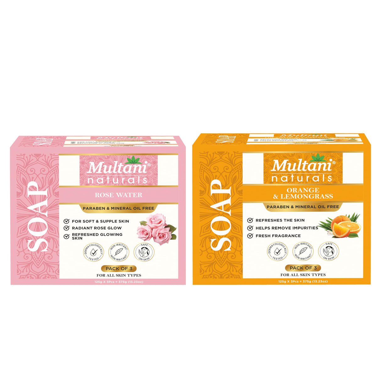 Multani Natural Orange Lemongrass & Rose Water Soap For Bath (125 Gm - Pack of 6) | Helps In Reducing Acne & Oil Control | Helps Revive Dull Skin & Refreshes Sk
