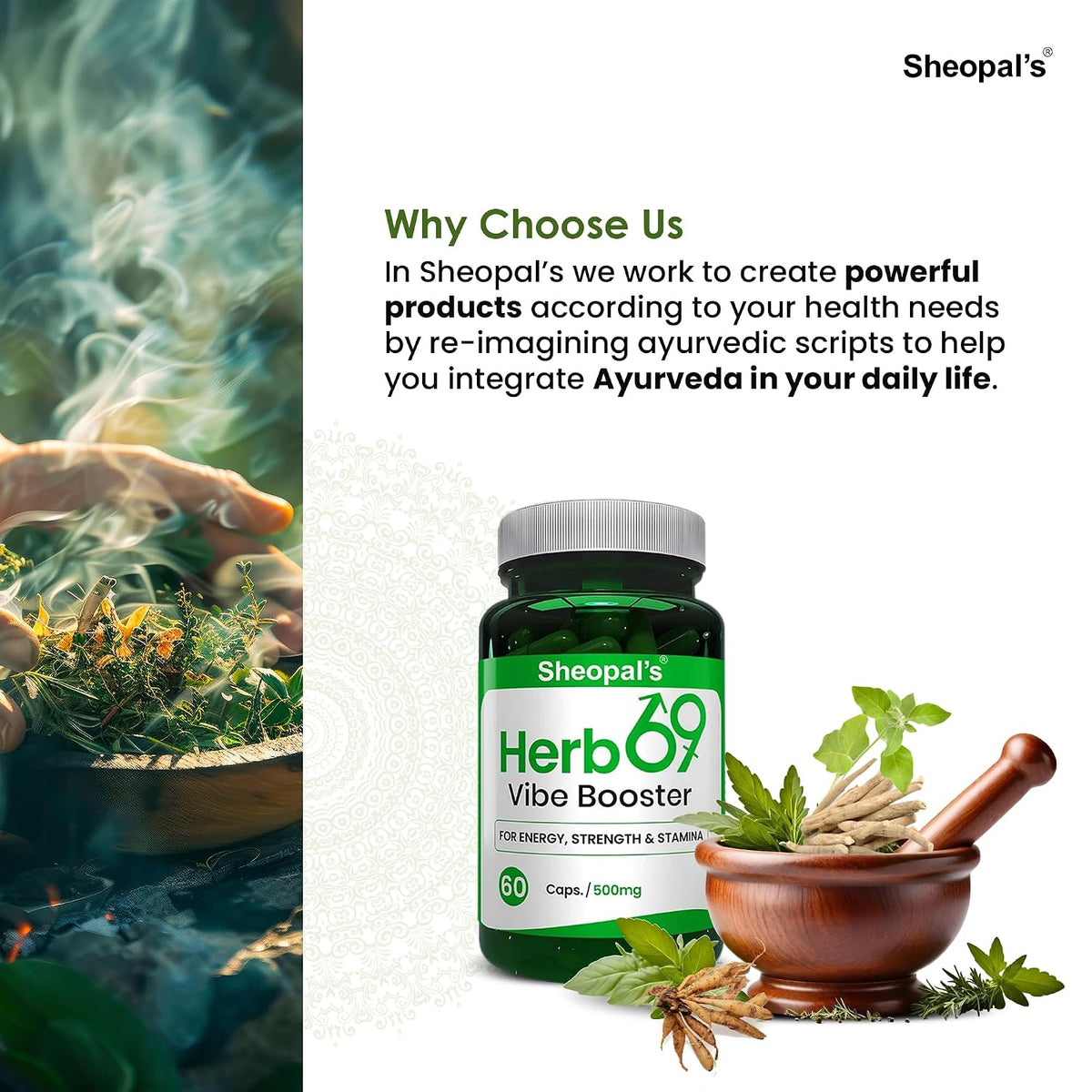 Sheopals Herb 69 Vibe Booster for Men | Ayurvedic Helps Increasing Vitality & Energy Booster | With Shudh Shilajit Safed Musli, Ashwagandha, Shatavari | 60 Caps