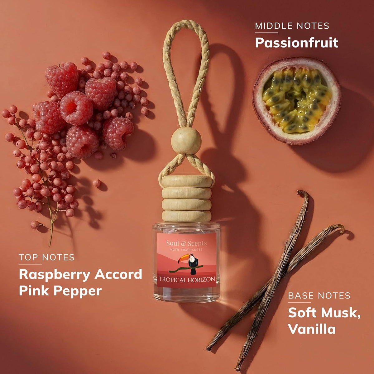 Soul & Scents 16ml Luxury Car Perfumes Raspberry | Tropical Horizon | 2-in-1 Hanging Pod & AC Vent Air Freshener | Premium Wooden Car Fragrance Accessory | Long