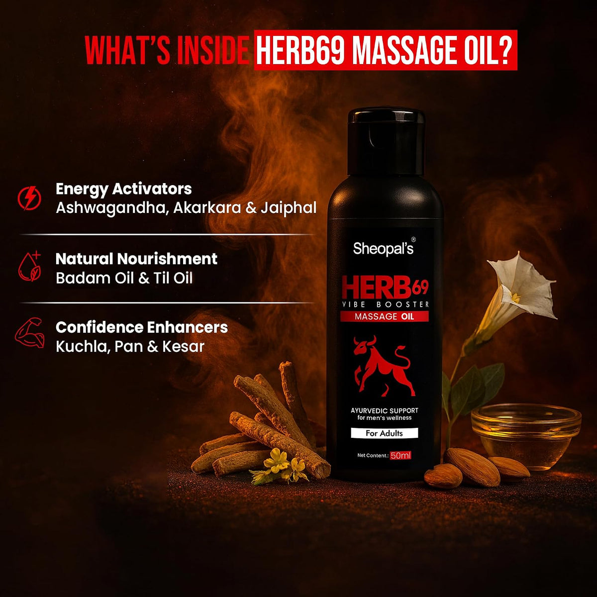 Sheopals Herb 69 Ayurvedic Massage Oil for Men 50 ml | Better Then Normal Fire Oil, Power Like Horse With Til & Badam Oil, Kesar, Jaiphal, Ashwagandha And 8 Mor