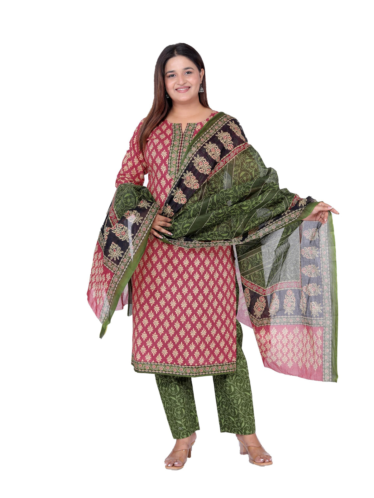 Miraan Cotton Printed Readymade Salwar Suit For Women (MIRAANRV7404_Red)