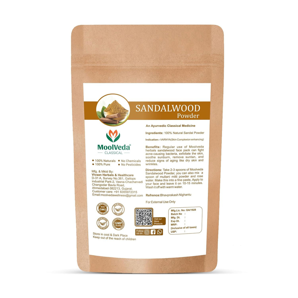Pure Sandalwood Powder - 100% Natural Chandan for Glowing Skin, Anti-Aging Face Pack, Acne Treatment | Traditional Ayurvedic Beauty | 100gm Sandalwood 100 g (Pa
