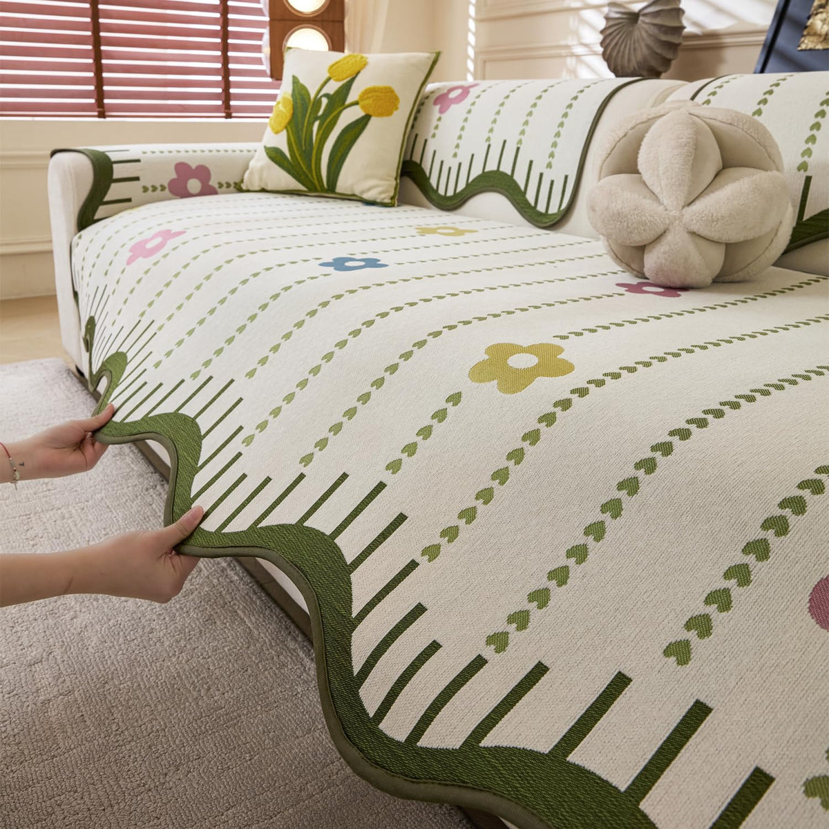 House of Quirk ‘Loom Stripe Series’ Chenille Couch Cover – Curved Edge Quilted Non-Slip Washable Sofa Slipcover, Soft Durable Furniture Protector (Two Seater, B