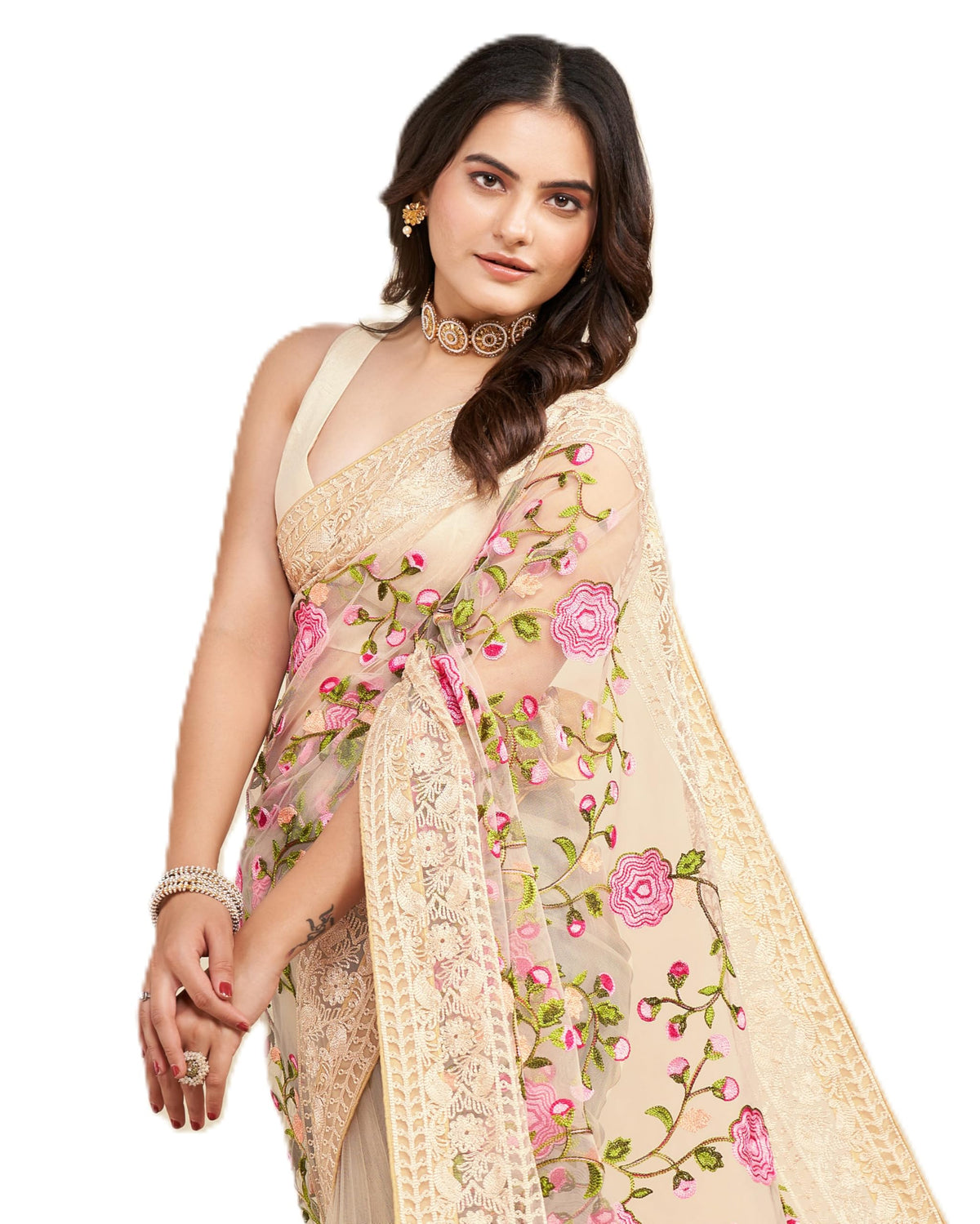 VAIRAGEE Women's Soft Lastest Georgette Embroidery Work Floral Pattern Stylish Saree with Unsewn Blouse Part (6079) Biege