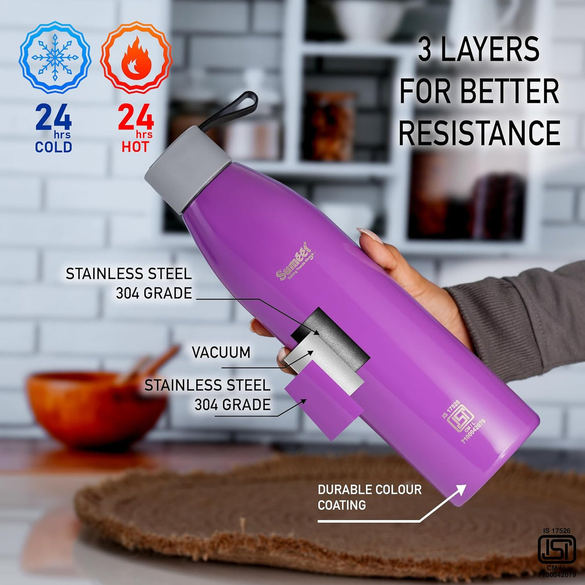 Sumeet Dew 24 Hrs Hot & Cold ISI Certified Stainless Steel Leak Proof Water Bottle for Office/School/College/Gym/Picnic/Home/Trekking -750ml, Pack of 1, Purple