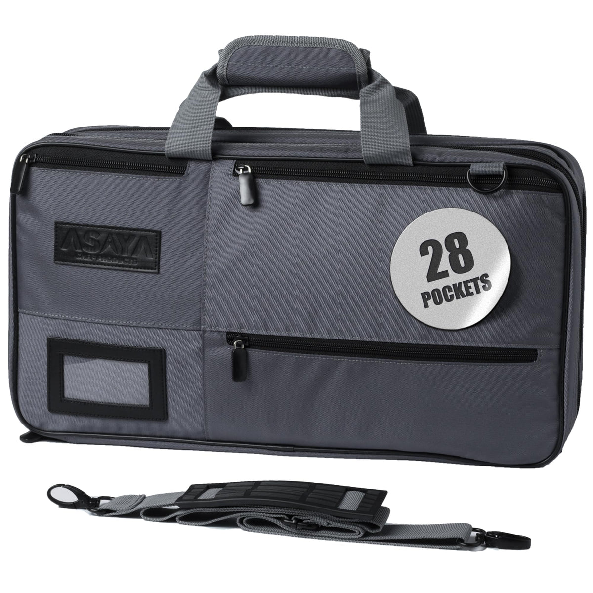 Asaya Chef Knife Bag - 28 Pockets for Knives and Kitchen Utensils - Durable Ballistic Nylon, Black Stainless Steel Hardware, Card Holder and Adjustable Shoulder