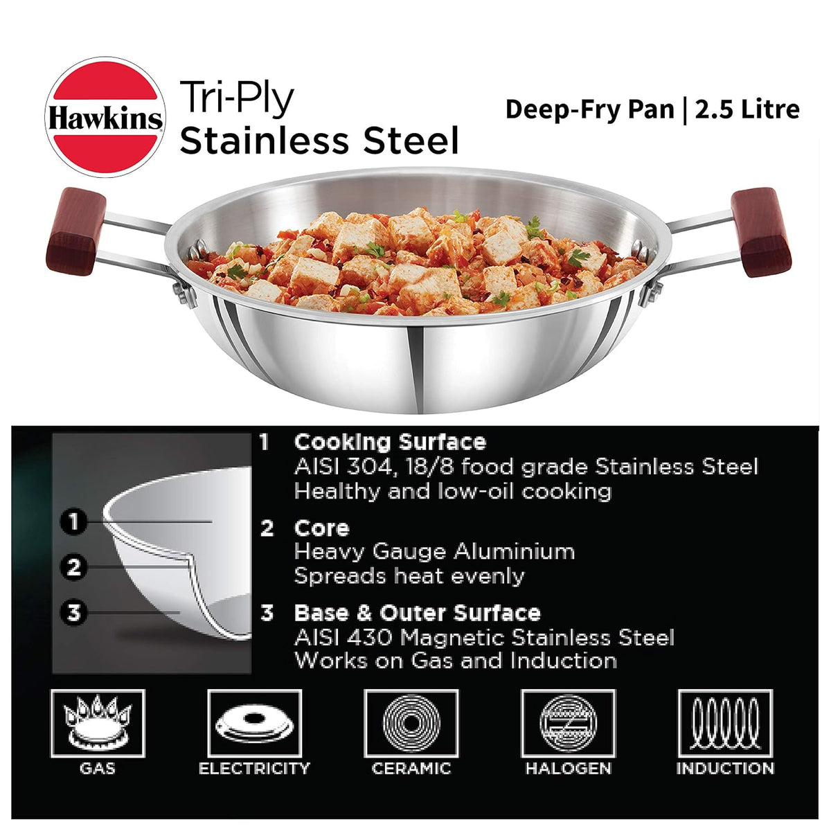 Hawkins 1.5 Litre Deep Fry Pan, Triply Stainless Steel Kadai, Flat Bottom Induction Kadhai, Small Kadai, Silver (SSD15)