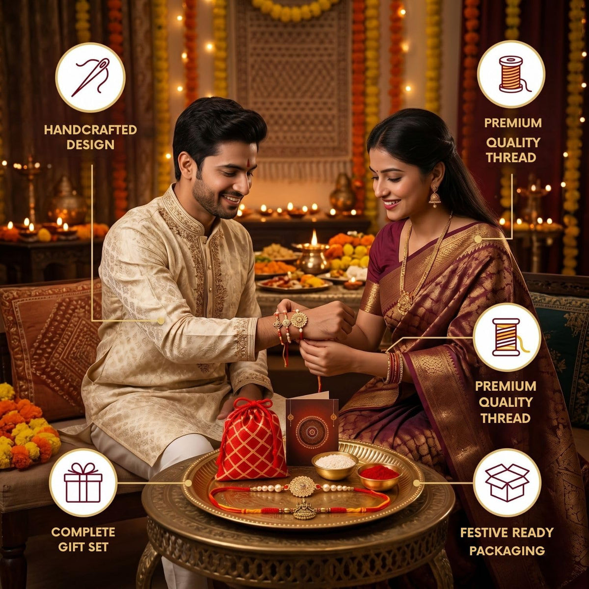 Kalakriti Premium Couple Rakhi Set for Bhaiya Bhabhi – Traditional Lumba Rakhi for Raksha Bandhan Laxmi