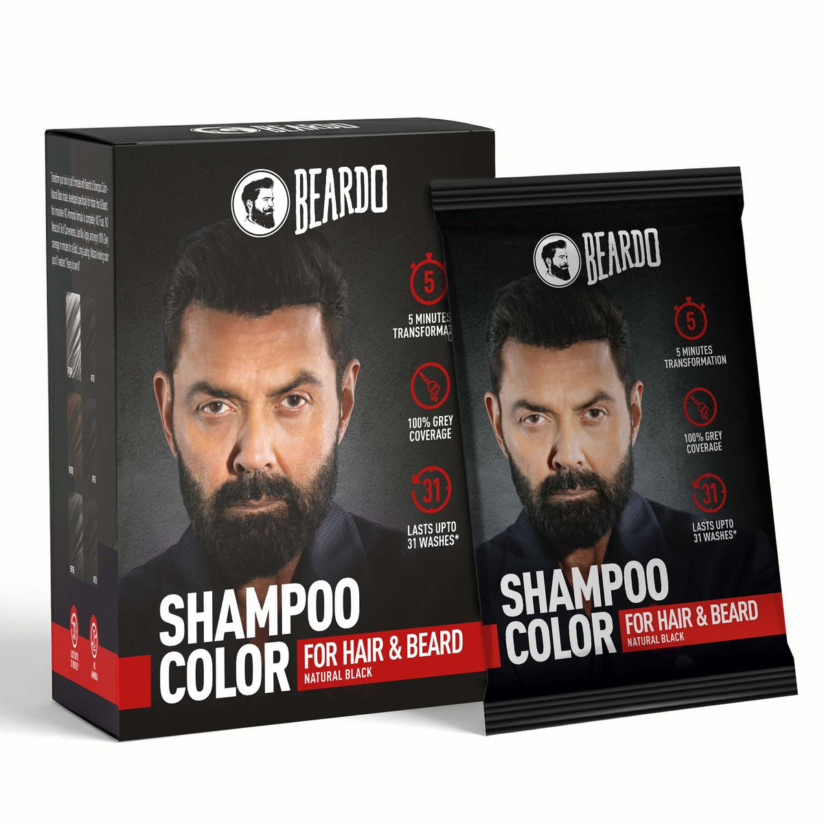 BEARDO Beard & Hair Shampoo Color | Natural Black | 100% Grey Coverage | 5 Minute Hair Colour | Ammonia Free | With Natural Actives | No Stain Beard Colour | 20
