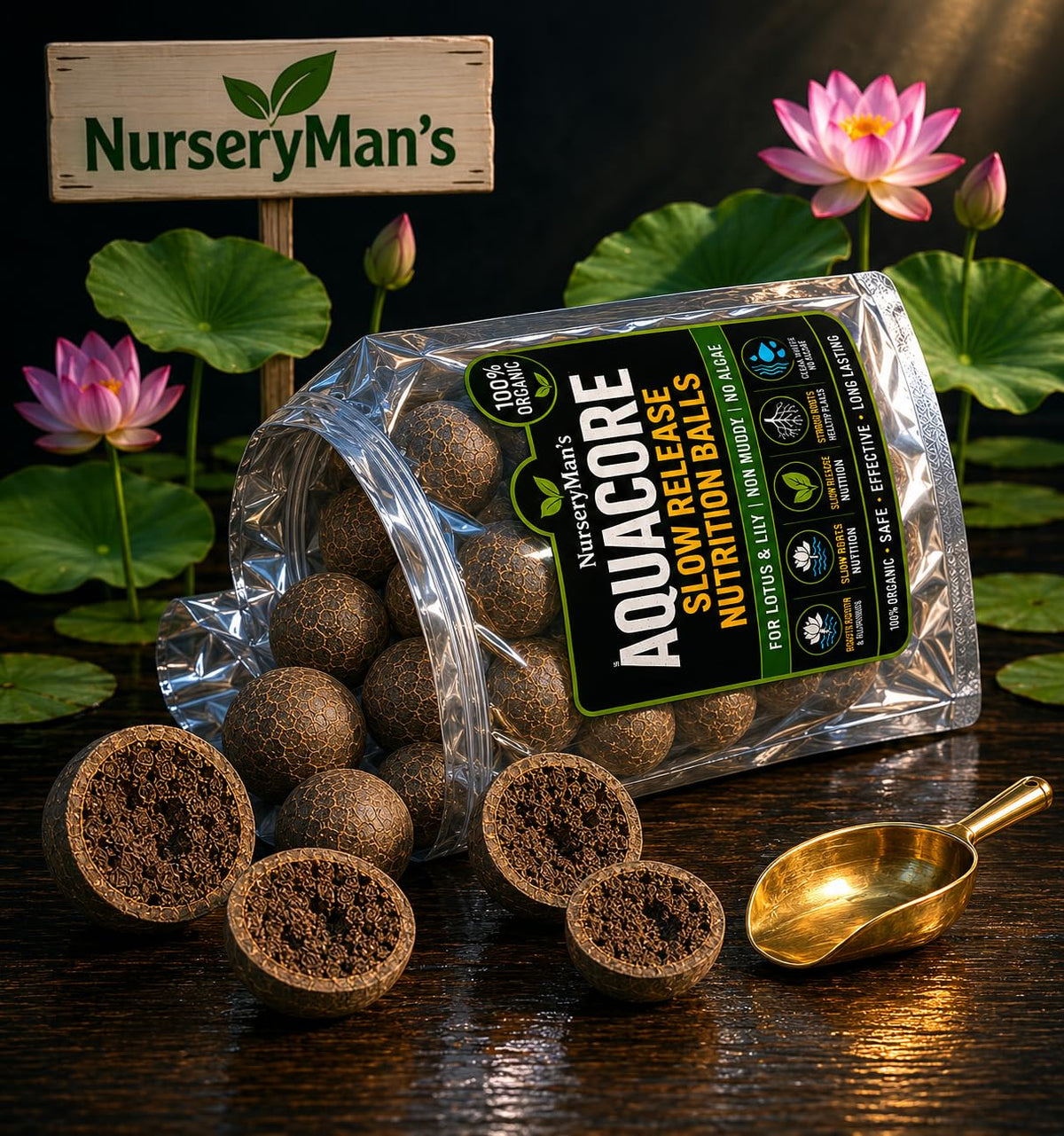 NurseryMan's AquaCore™ Slow Release Nutrition Balls for Lotus & Water Lily | 100% Organic Aquatic Plant Nutrition | Non-Muddy, No Algae Formula | 12 balls