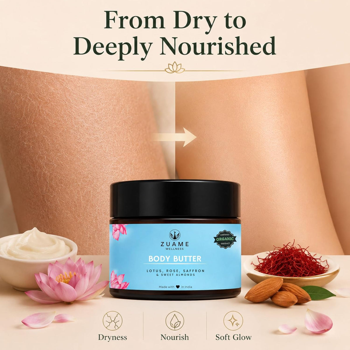 Body Butter | Siddha Inspired Deep Moisturising Body Butter with Lotus, Rose, Saffron, Sandalwood & Sweet Almonds | For Dry Skin, Certified Organic, 100% Natura