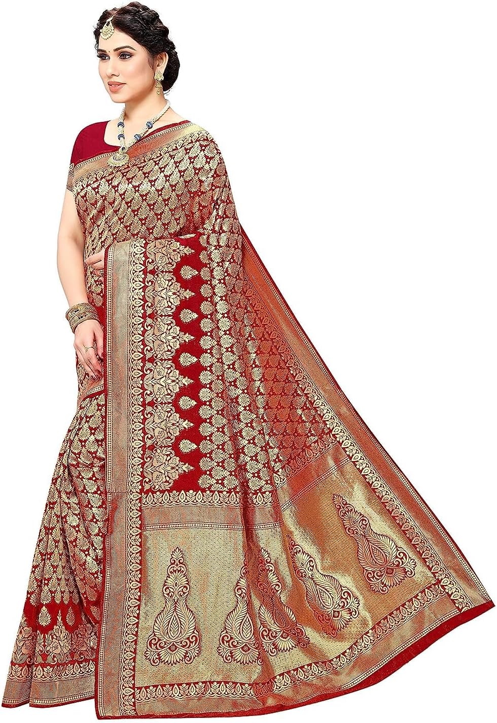 Yashika Banarasi Women's Kanjivaram Navy Silk Saree Red