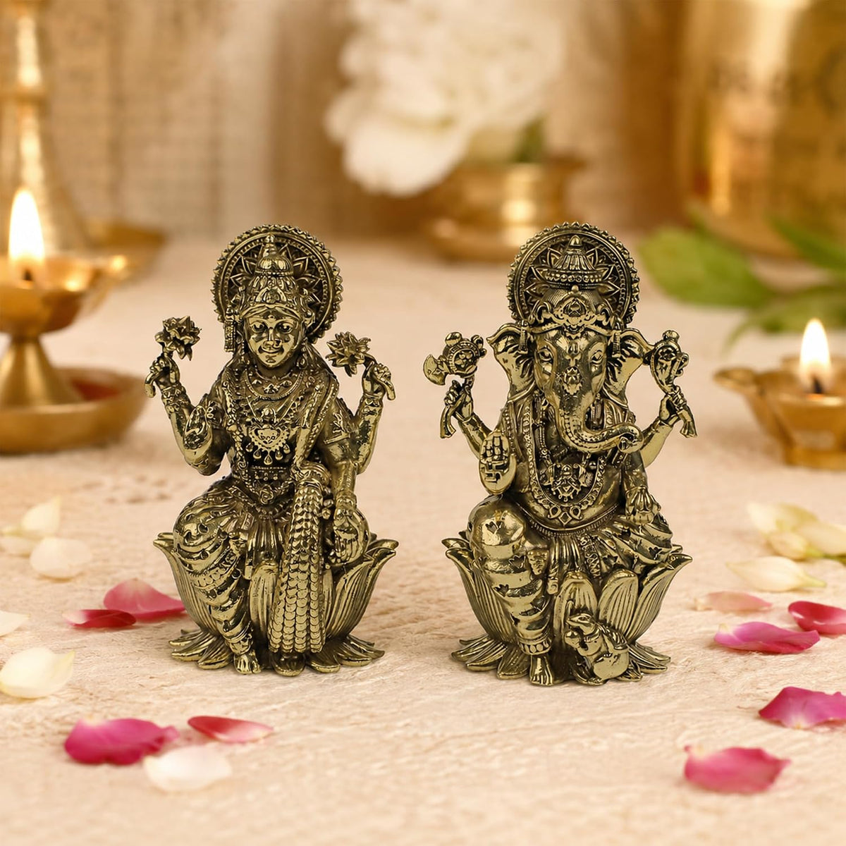 3 Inch Pure Brass Shree Lakshmi Ganesh Murti Set for Home Mandir & Pooja Room Laxmi Ganpati Idols for Diwali Pooja Festival Decoration Housewarming Gift Traditi