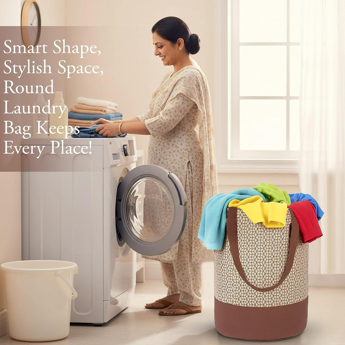 GLUN® Round Printed Laundry Bag, Beige & Brown Foldable Waterproof 45 Liter Capacity, Non-Woven Toys & Cloth Storage Bag Pack Of 1 Round-Laundry-Bag