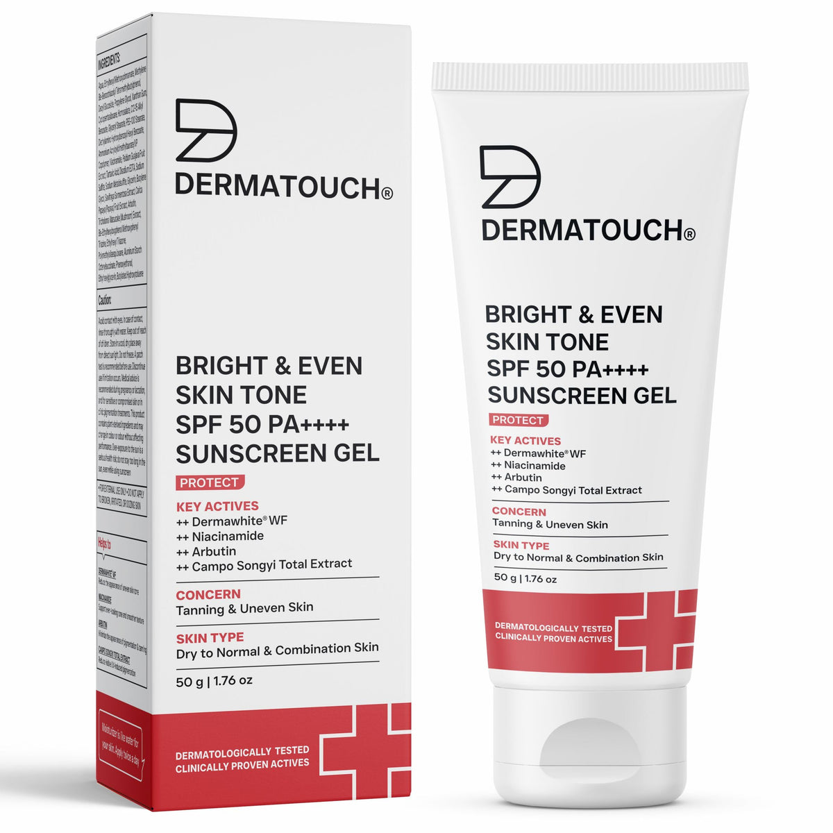 DERMATOUCH Bright & Even Skin Tone SPF 50 PA++++ Sunscreen Gel with Dermawhite™ WF, Niacinamide, Arbutin & Campo Songyi Extract | Broad Spectrum UV Protection |