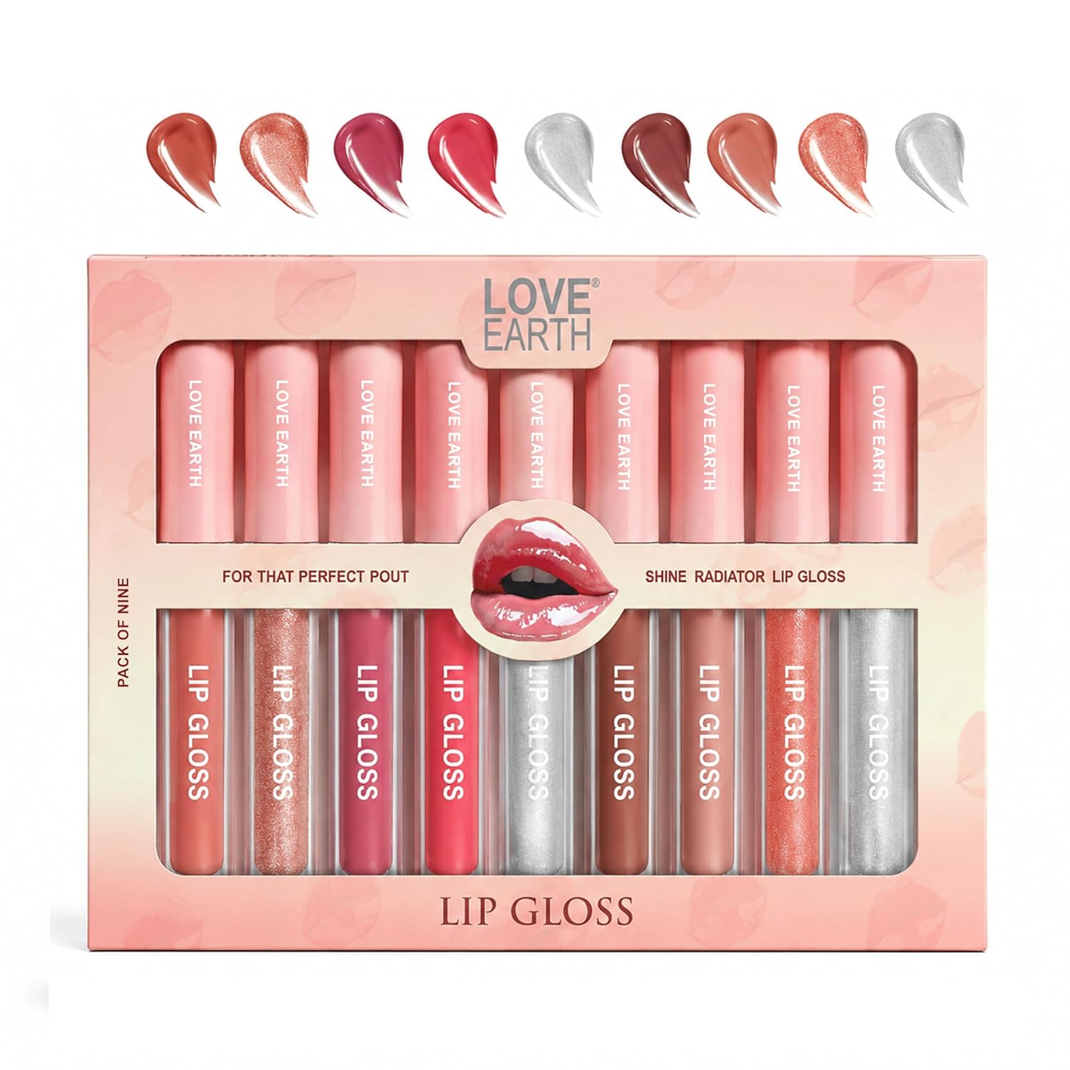 Love Earth Liquid Lip Gloss Pack Of 9 For Soft & Dewy Lips Enriched With Vitamin E & Almond Oil Lip Color For Glossy Look |Lightweight Non Sticky Lip Shiner For Moisturizing Lips, 2ml Each, Multicolor