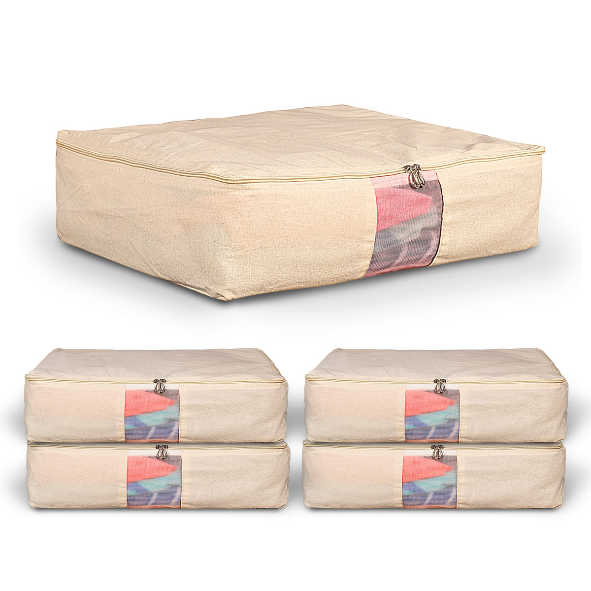 SOLSTICE Cotton Clothes Storage Box/Covers/Bags With Zip (18 X 16 X 4.5 Inch) As Wardrobe Organizer For Huge Silk Saree/Big Lehenga/Dresses/Shirts/Trousers/Gown