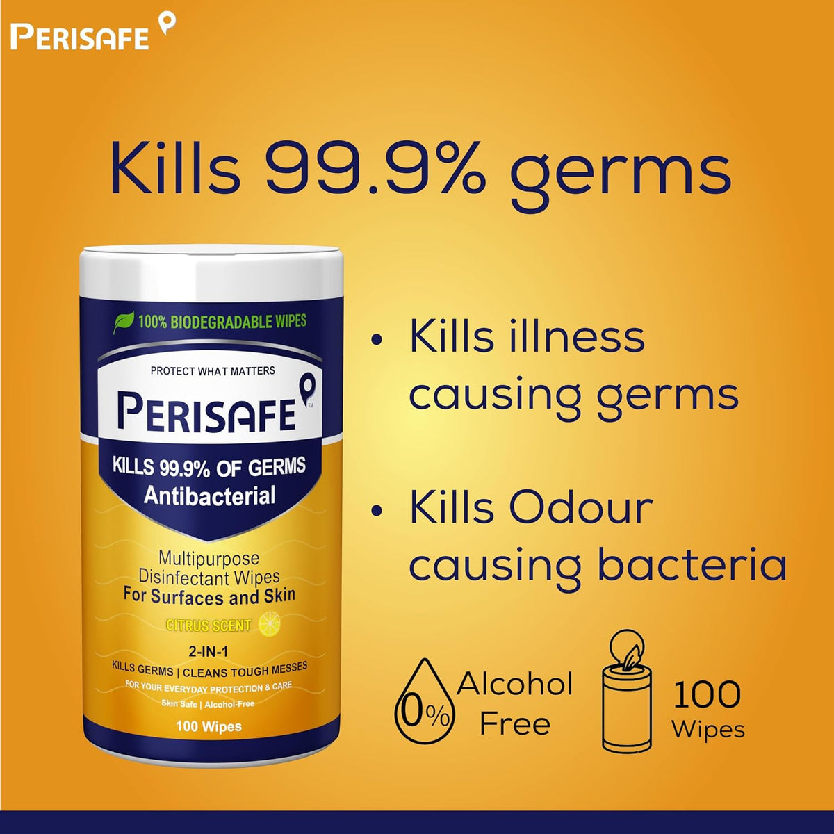 PERISAFE Multipurpose Disinfectant Wipe For Surfaces & Skin-100 Wipes | 100% Biodegradable Wipes | Antibacterial | 2-IN-1- Kills Germs & Cleans Tough Messes 1 c