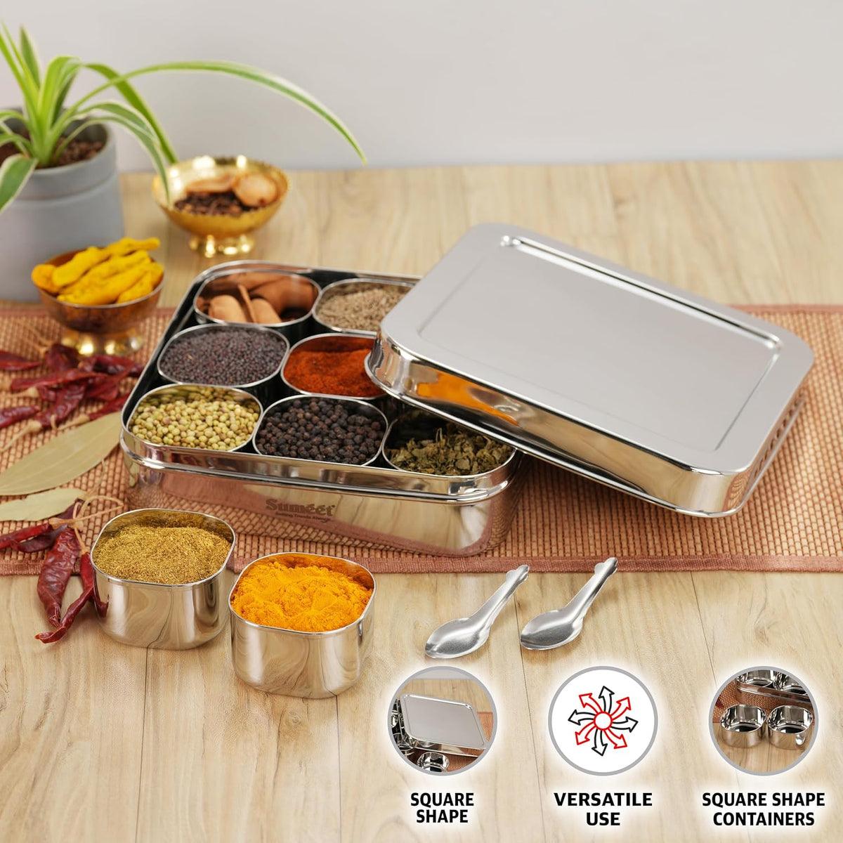 Sumeet 9 in 1 Stainless Steel Square Shape Masala/Spice Box/Dabba/Dani For Kitchen With 9 Square Bowls + Spoon, 22cm, Big - Silver 22 x 22 cm - 2300ml (With Ste