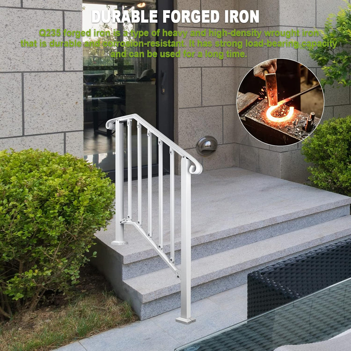 Adjustable Handrails for Outdoor Steps, Handrail Picket #2 Hand Rails for Outdoor 2 or 3 Steps, Mattle Wrought Iron Handrail, Stair Rail with Installation Kit f