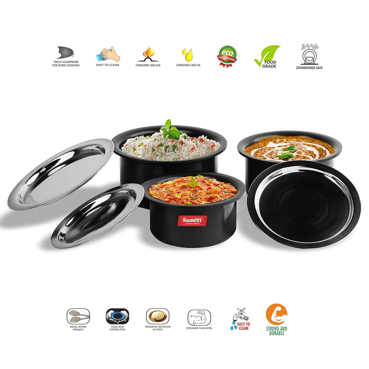 Sumeet Aluminium Non-Stick Anodized Tope Set, 700Ml, 1L, 1.4 L, 3 Piece (Black)