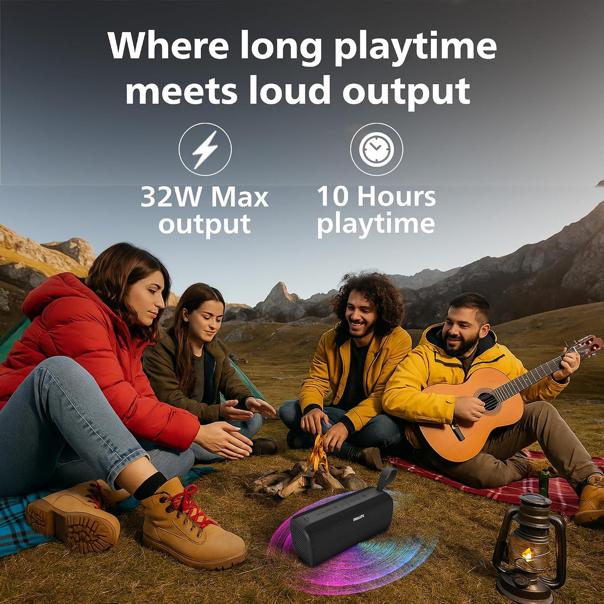 PHILIPS Audio TAS2400BK Portable Bluetooth Speaker with Stereo Sound, 32W RMS, 2400mAh Rechargeable Battery, BT v5.3 Connectivity, IPX4 Waterproof, Supports TF/