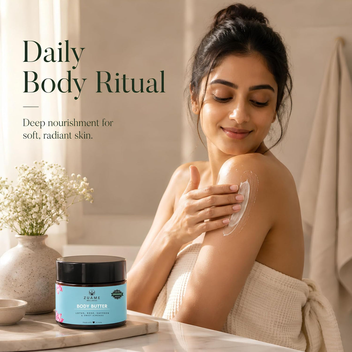 Body Butter | Siddha Inspired Deep Moisturising Body Butter with Lotus, Rose, Saffron, Sandalwood & Sweet Almonds | For Dry Skin, Certified Organic, 100% Natura