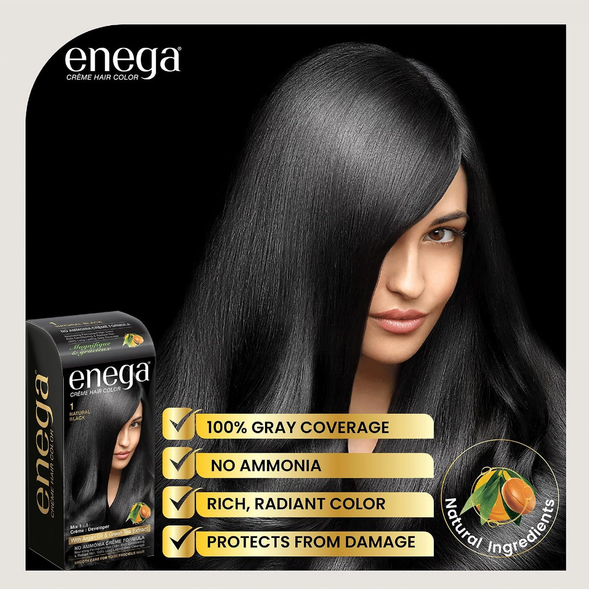 Enega No Ammonia Grey Coverage Long Lasting Creme Hair Color with Argan Oil & Green Tea Extract - Pack of 1(150 ML) (Natural Black)