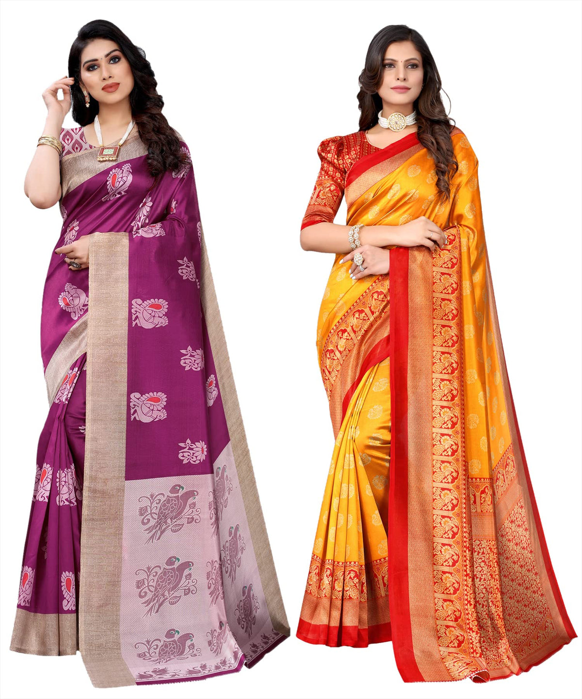 Yashika Ladies Silk Saree with Blouse Set of 2 (Kesar Wine-Minali Mustard)