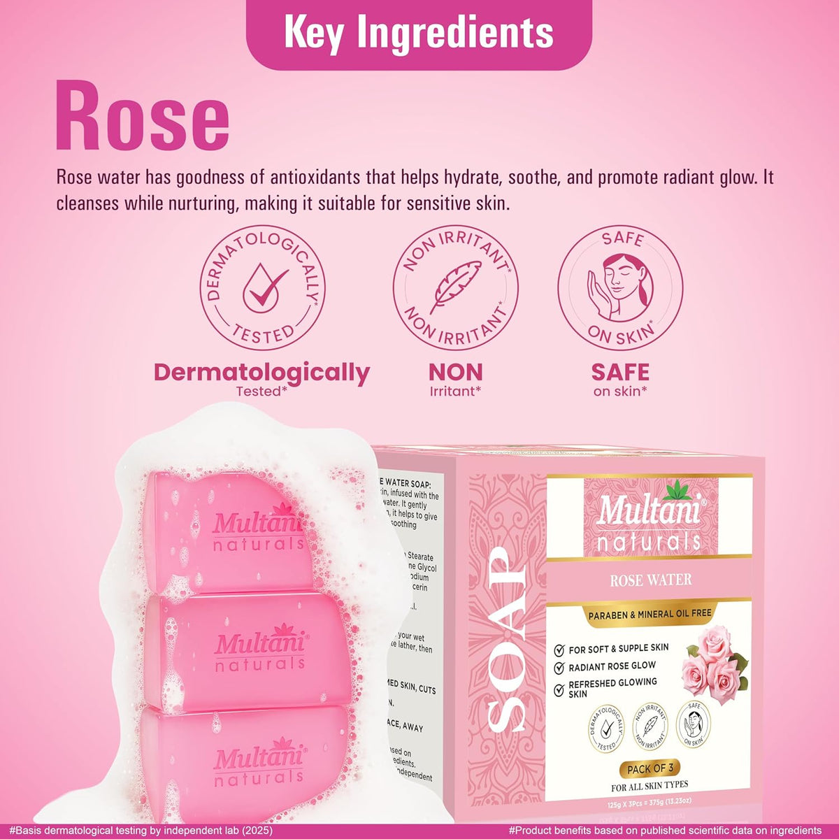 Multani Naturals Rosewater Soap Bar For Bath (125 Gm - Pack Of 3) I Paraben Free | Clinically Tested | Herbal Soap Bar with Rose Water & Glycerin | Helps Sooth