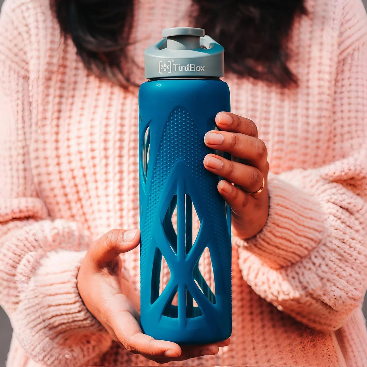 TintBox Borosilicate Glass Water Bottle with Silicone Sleeve | as seen on Shark Tank | perfect for Office, Home, Fridge, Gym, Travel | BPA Free | Power Blue | 7