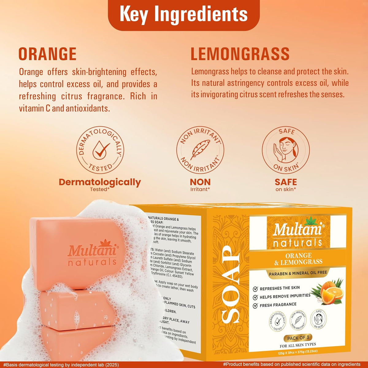 Multani Natural Orange Lemongrass & Rose Water Soap For Bath (125 Gm - Pack of 6) | Helps In Reducing Acne & Oil Control | Helps Revive Dull Skin & Refreshes Sk