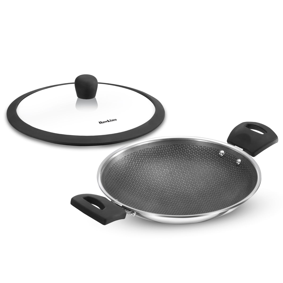 Hawkins 1.25L Breakfast Pan, Nonstick Triply Stainless Steel Appachatty with Glass Lid, Chetty Pan, Appam Patra, Honeycomb Round Bottom Small Kadai, Siler (NSA1