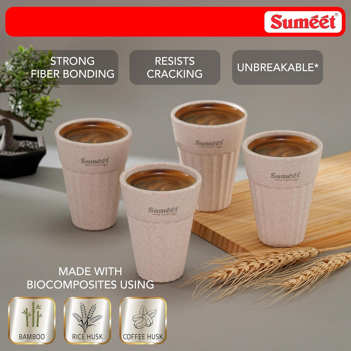 Sumeet eco-Friendly Cutting chai Cups, 200 ml, Set of 4, Ivory – Rice Husk & Bamboo Fiber Build, Strong, Reusable, Microwave & Dishwasher Safe, Ideal for Tea, C