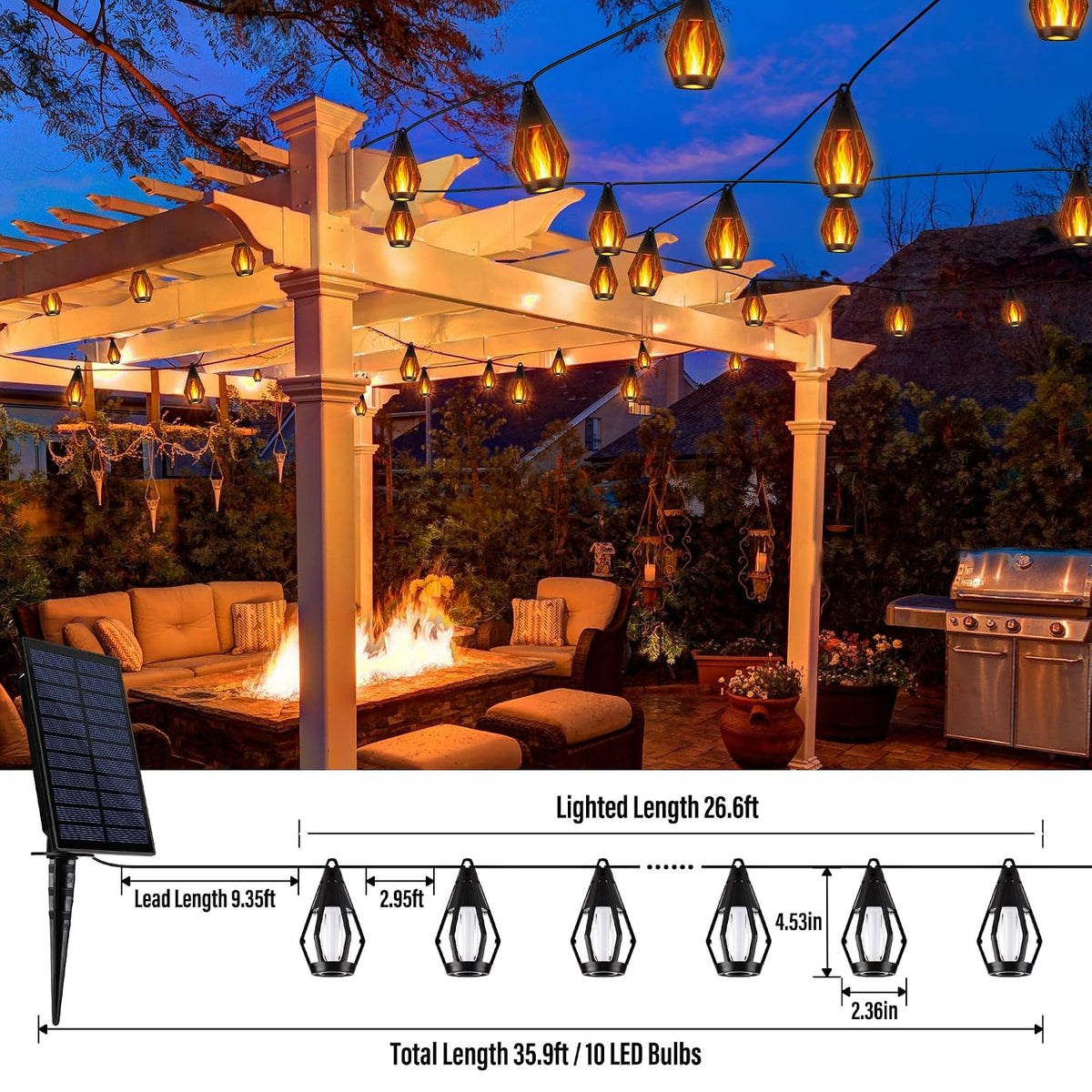 iBaycon Solar Halloween Lights, 27Ft 10 LED Bulbs Flickering Flame String Light, Outdoor Waterproof Solar Flame Lights for Garden Yard Patio Halloween Decoratio