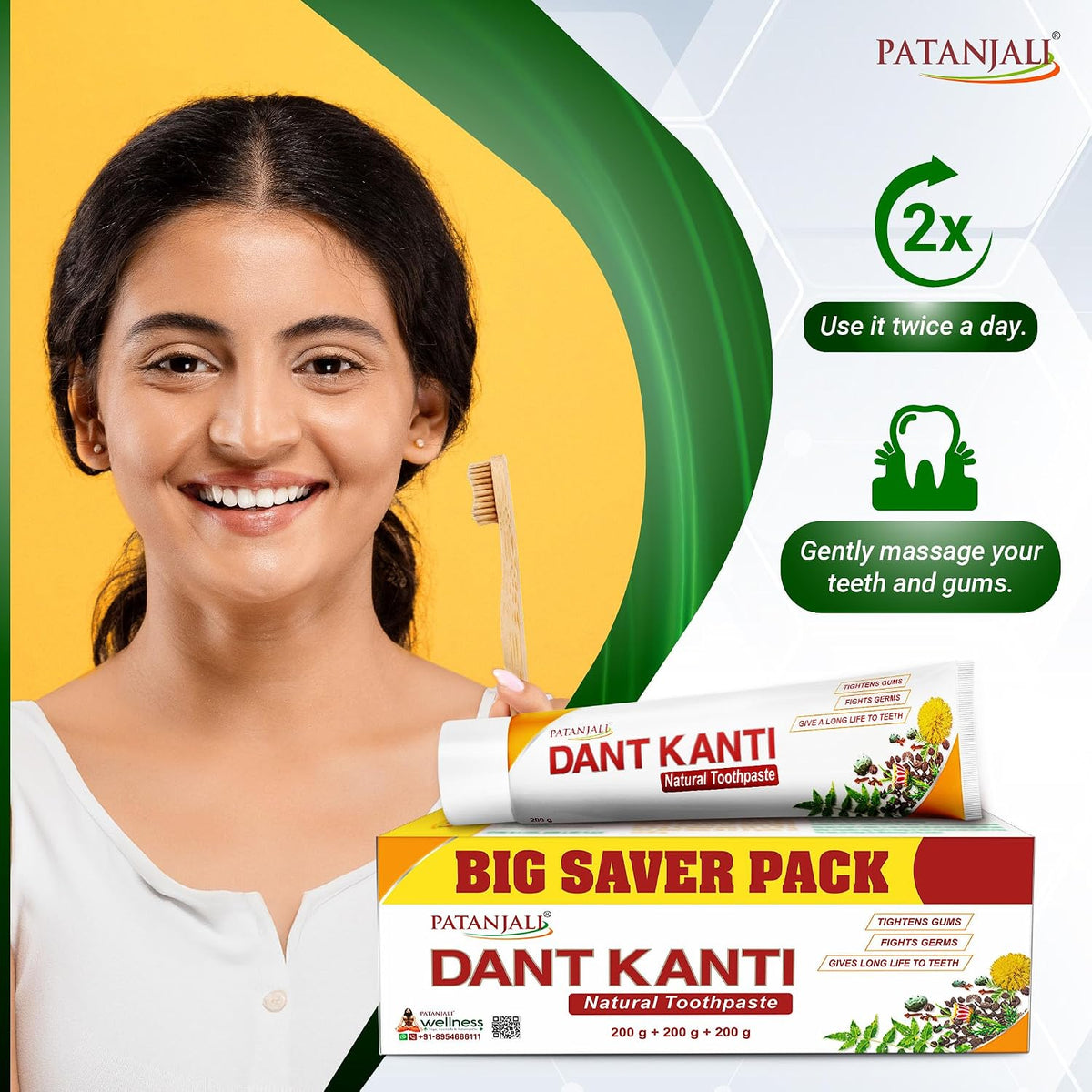 Patanjali Dant Kanti Natural Toothpaste 600g (200gx3), Super Saver Value Pack, Strengthens Teeth, Tightens Gums & Promotes a Cavity-Free, Healthy Smile (Pack of