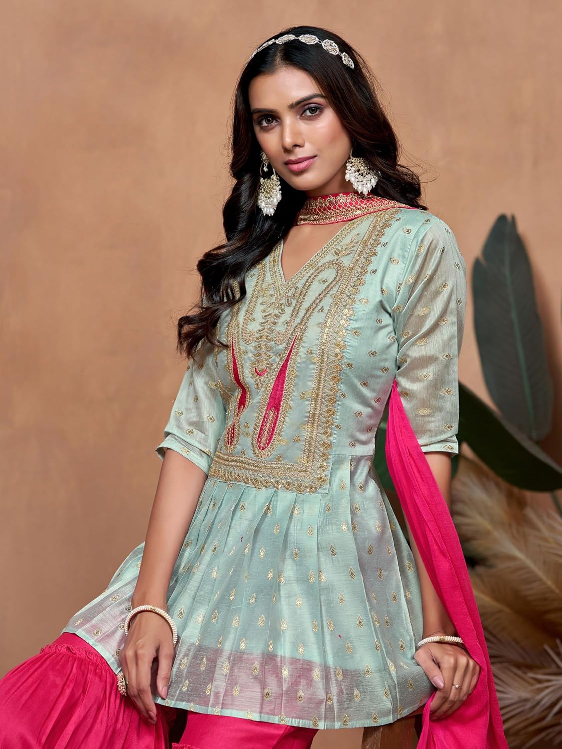 EthnicJunction Women's Chanderi Silk Embroidered A-Line Kurta Sharara with Choker Dupatta Set XX-Large
