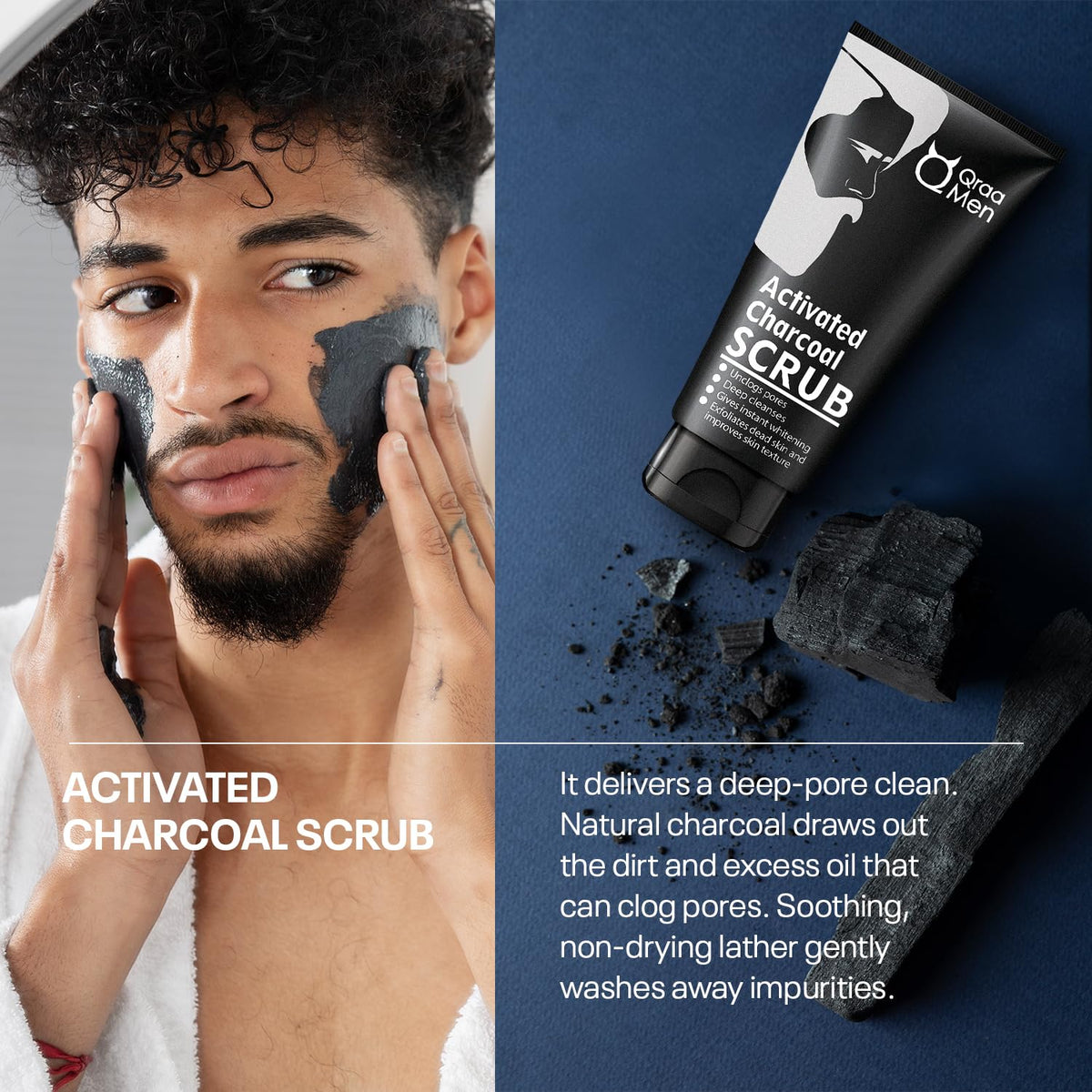 Qraa Men Activated Charcoal Scrub with Essential Oils | For deep cleansing & Glowing Skin | Anti Acne & Blackhead Remover | 100gm X 2 (Pack of 2)